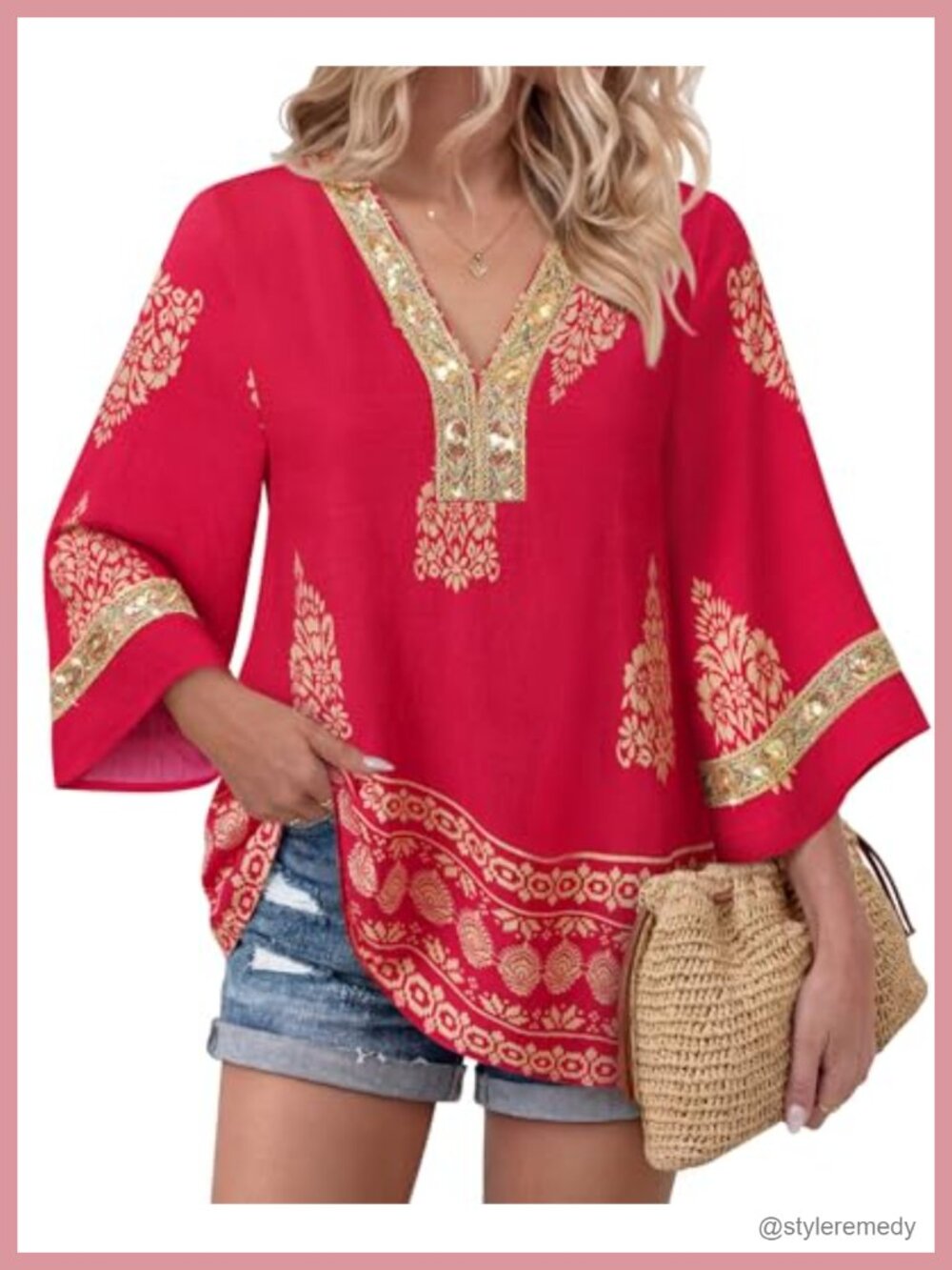 Womens 3/4 Sleeve Embroidered V Neck Boho Tunic Blouse Gold Trim